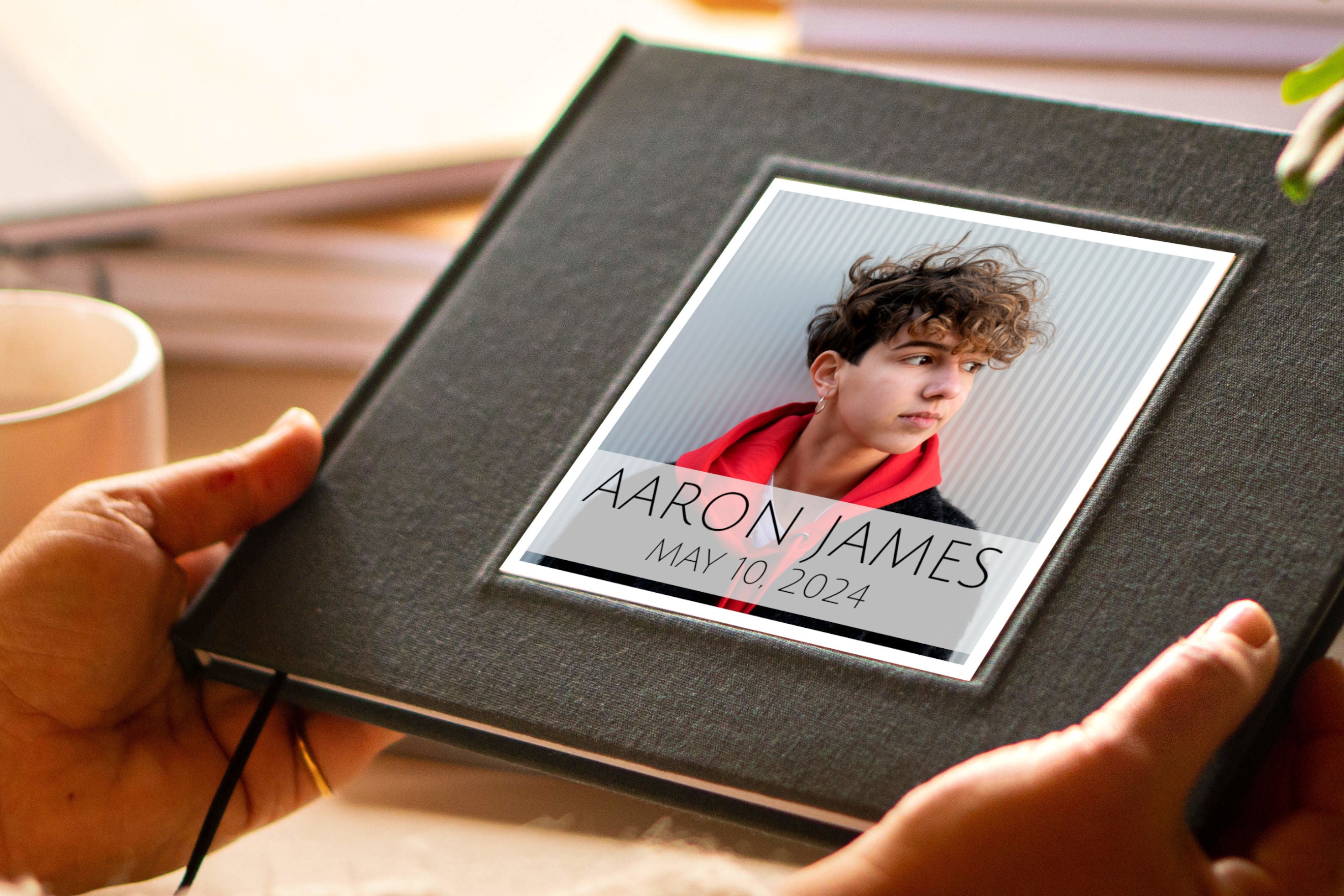 Hand-bound graduation party guest book with a custom cover featuring a photo of the graduate.