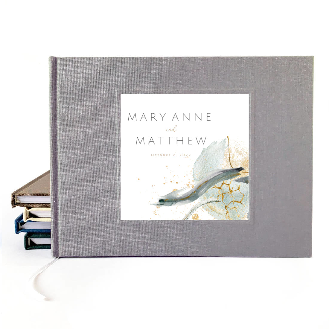Personalized bridal guest book with names and date on the cover. Modern minimalist design with gold accents.