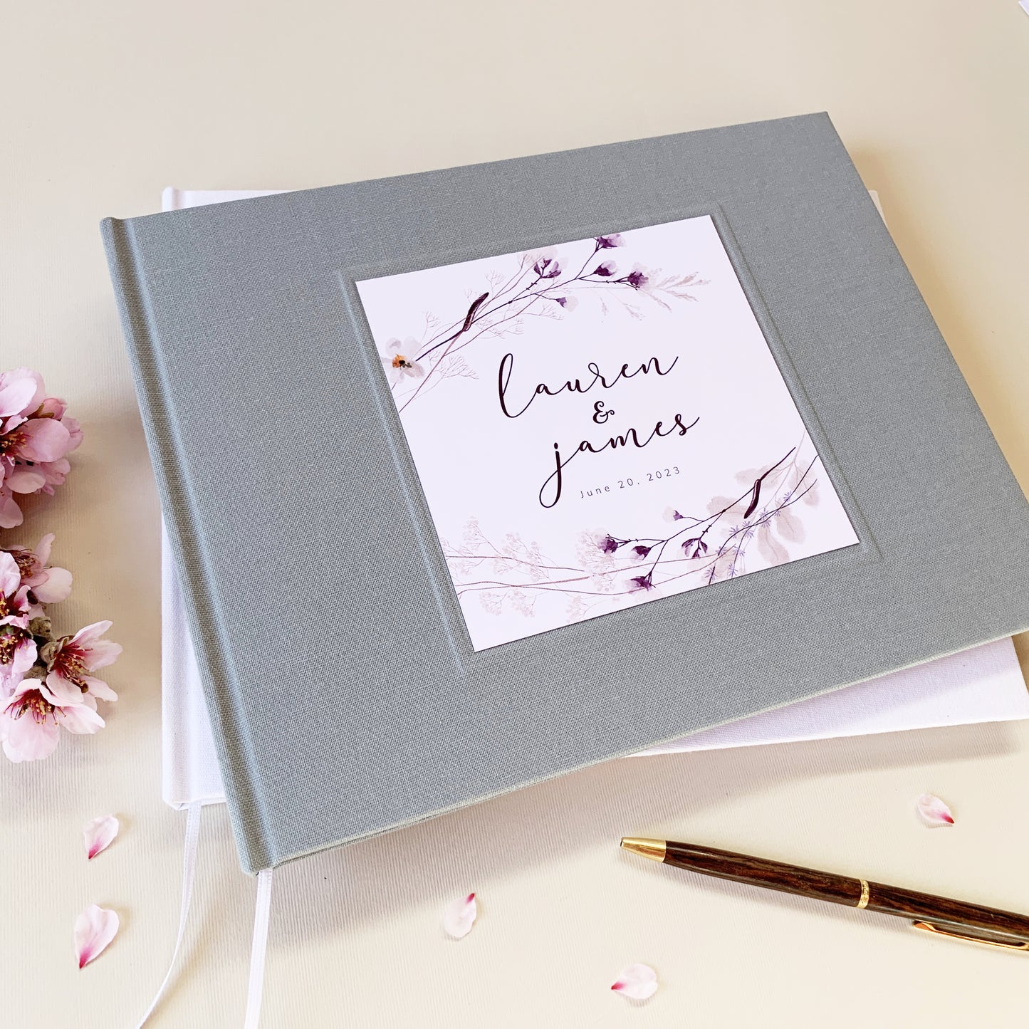 Custom Wedding Guest Book | Floral Bouquet | Gray & Botanical Plum