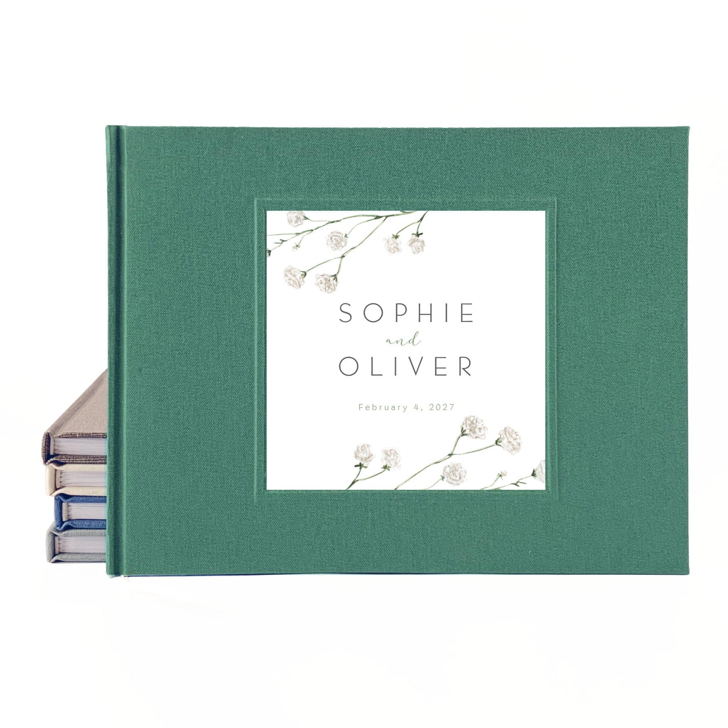 Custom botanical wedding guest book with hardback dark green linen cover  for engaged couple