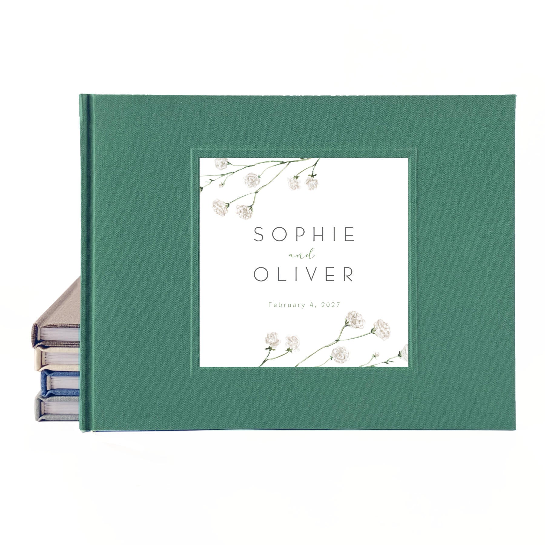 Custom botanical wedding guest book with hardback dark green linen cover  for engaged couple