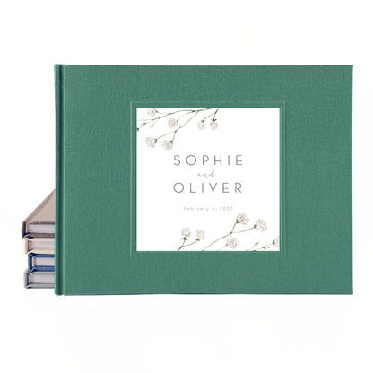 Custom botanical wedding guest book with hardback dark green linen cover  for engaged couple