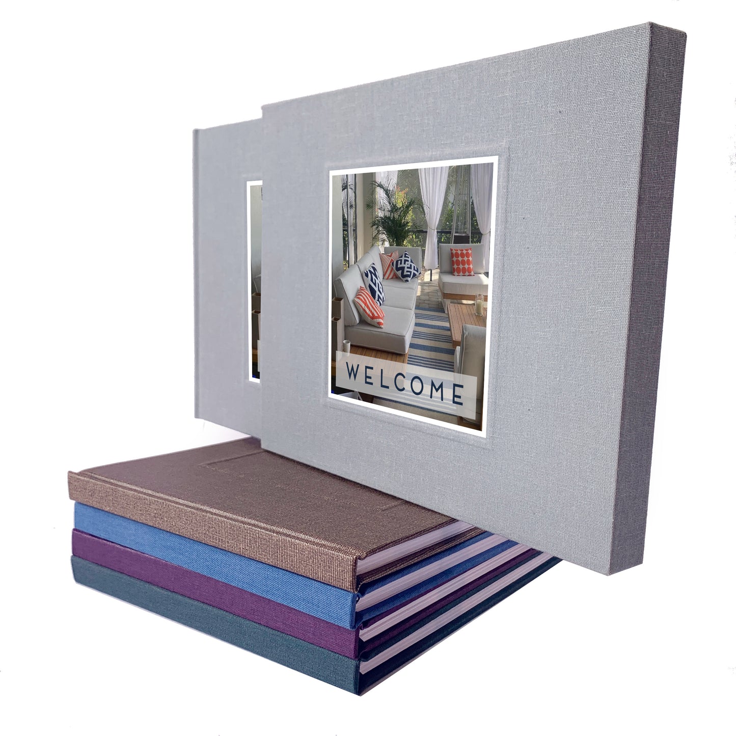 Custom guest book for home in slipcase, hand-bound, personalized for a unique, welcoming touch to any vacation rental.