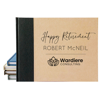 Personalized happy retirement guest book with black linen spine canvas. Hardback with personalized logo design with custom names and date. 