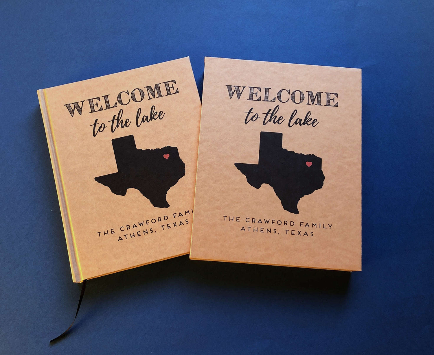 Custom hand-bound house guest book with personalized map of texas on the cover and custom text. Kraft color cover, hardback, with a matching book slip case for housing the book.