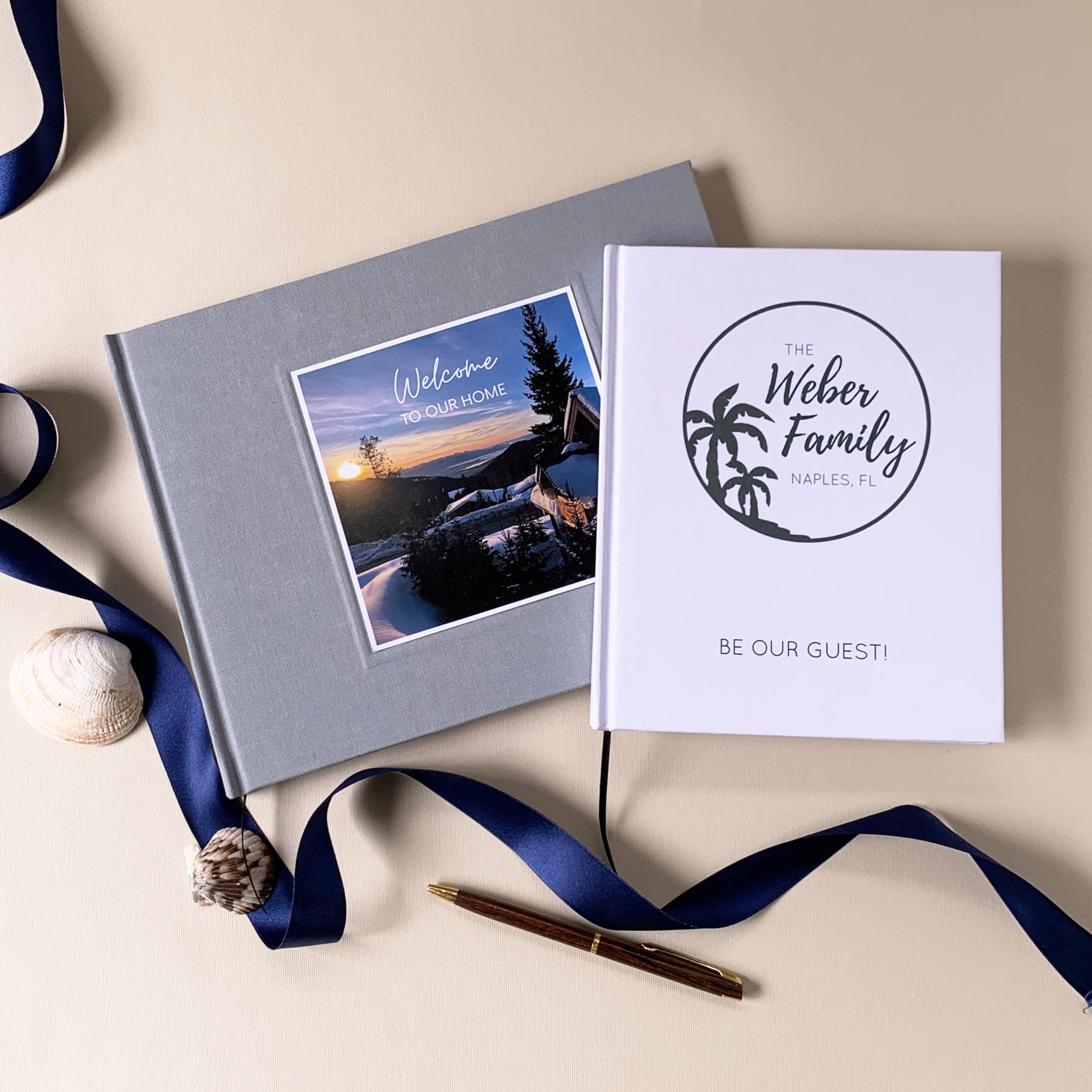 Custom vacation home guest books with hardback  covers in small and large sizes for short term rental owners.