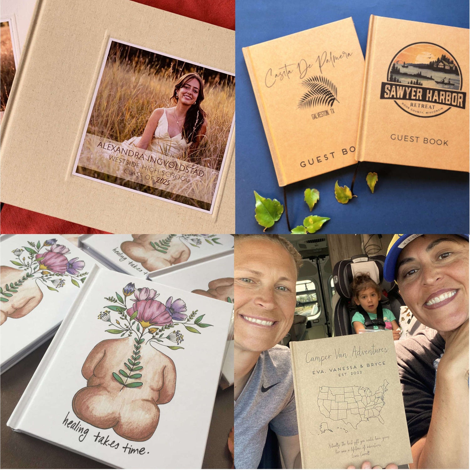 Collage of various books and photo albums with different designs and uses handbound by Transient Books.