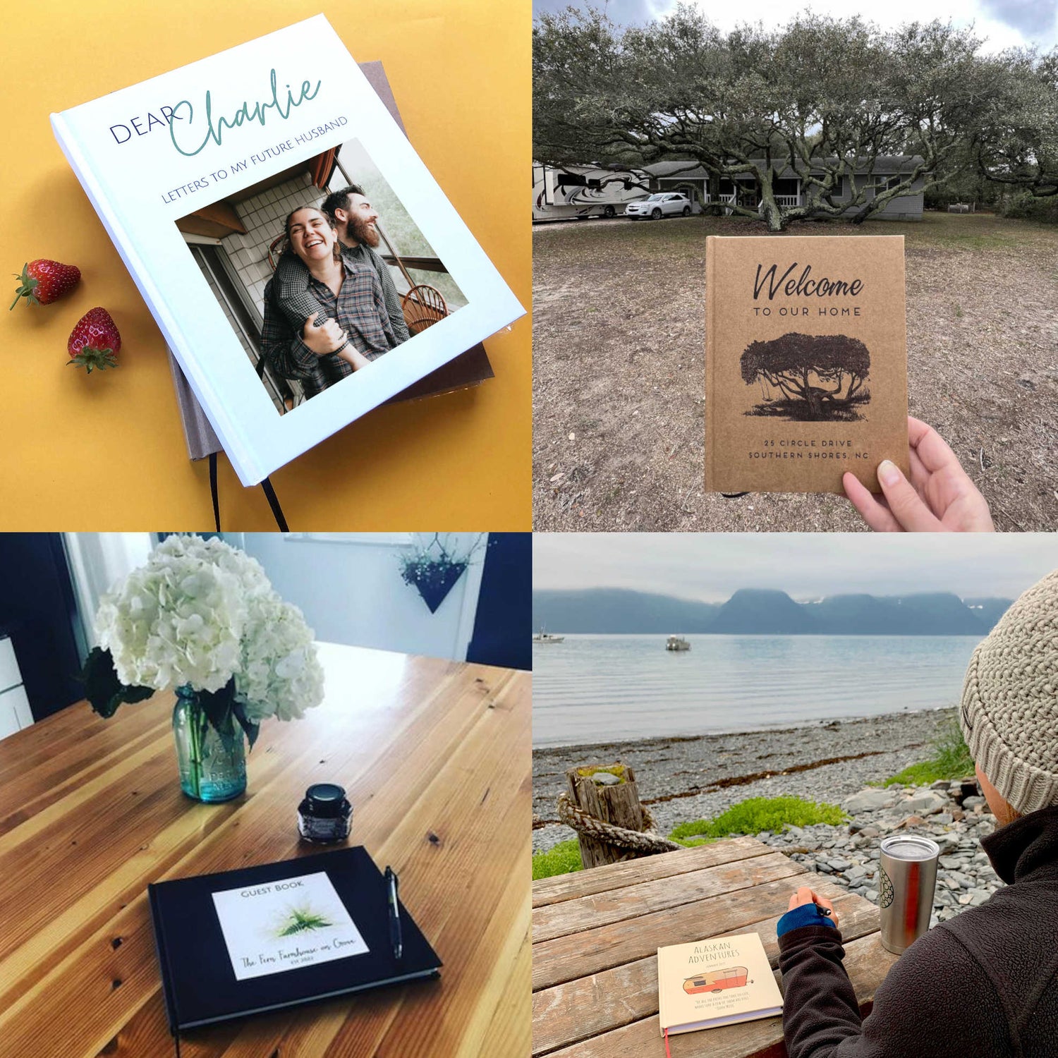A collage of photos showing custom hand bound books in use out in the world. On tables, traveling, with the matching tree in the cover, etc.