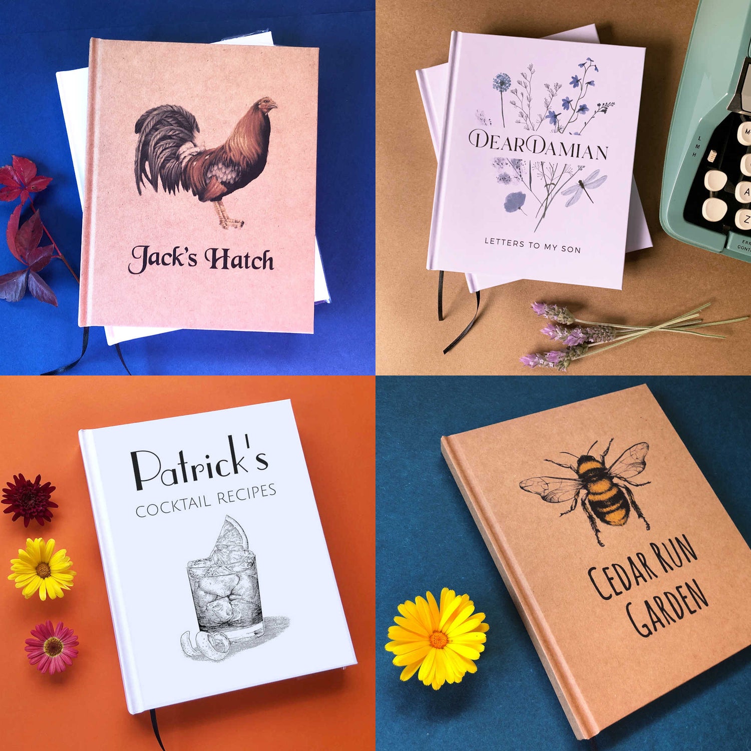 Four different personalized, hand-bound journals with unique designs and text on a colorful background.