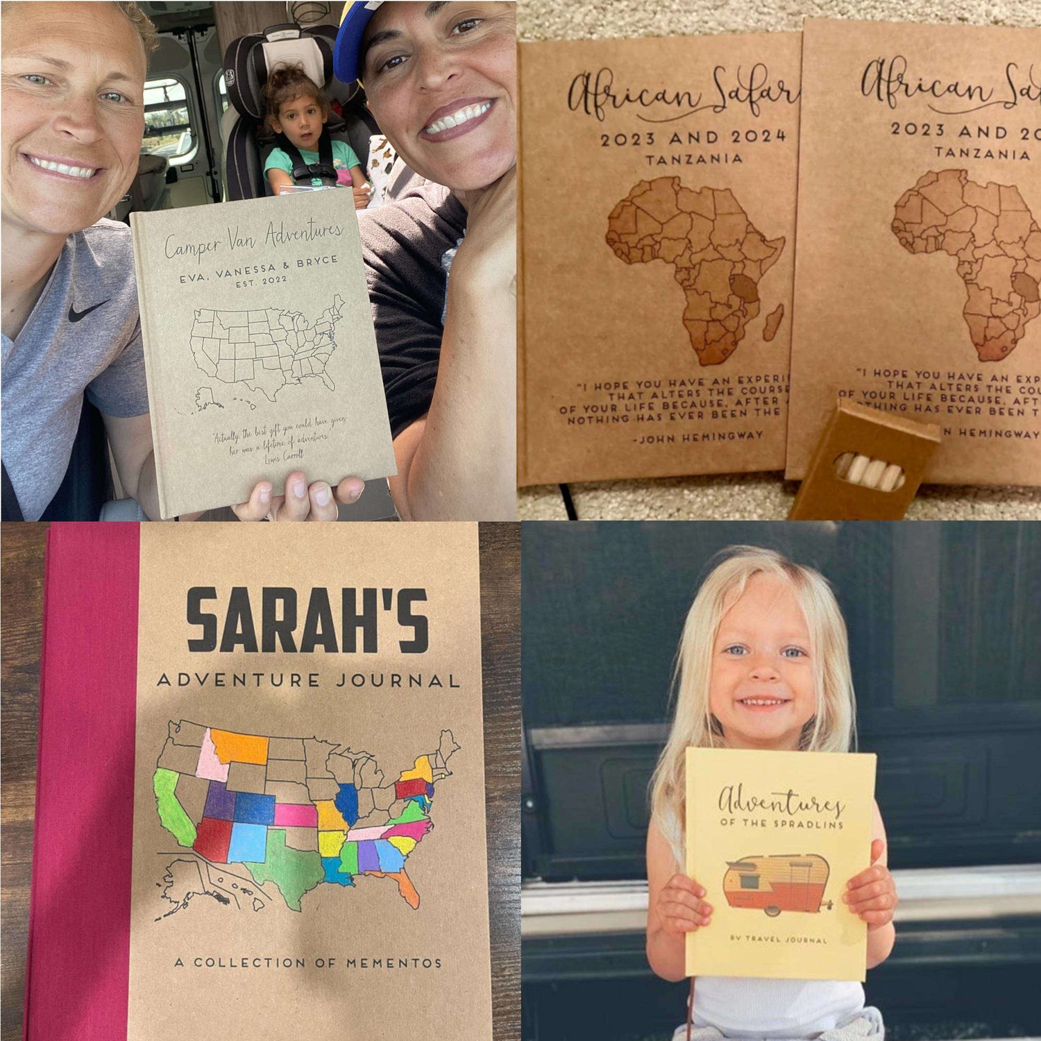 Collage of real life examples of custom handbound travel journals and scrapbooks made by Transient Books with custom maps, artwork, and text on the front.