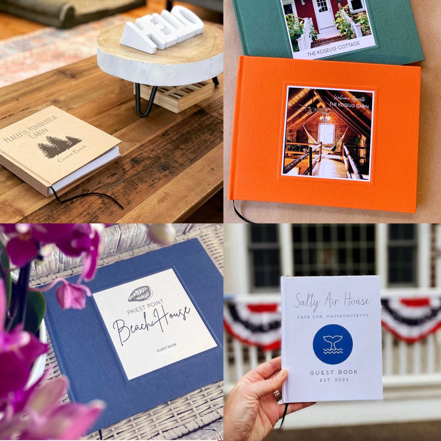 A collage of photos of custom, hand-bound guest books made for homes, that incorporate each home's vibe.