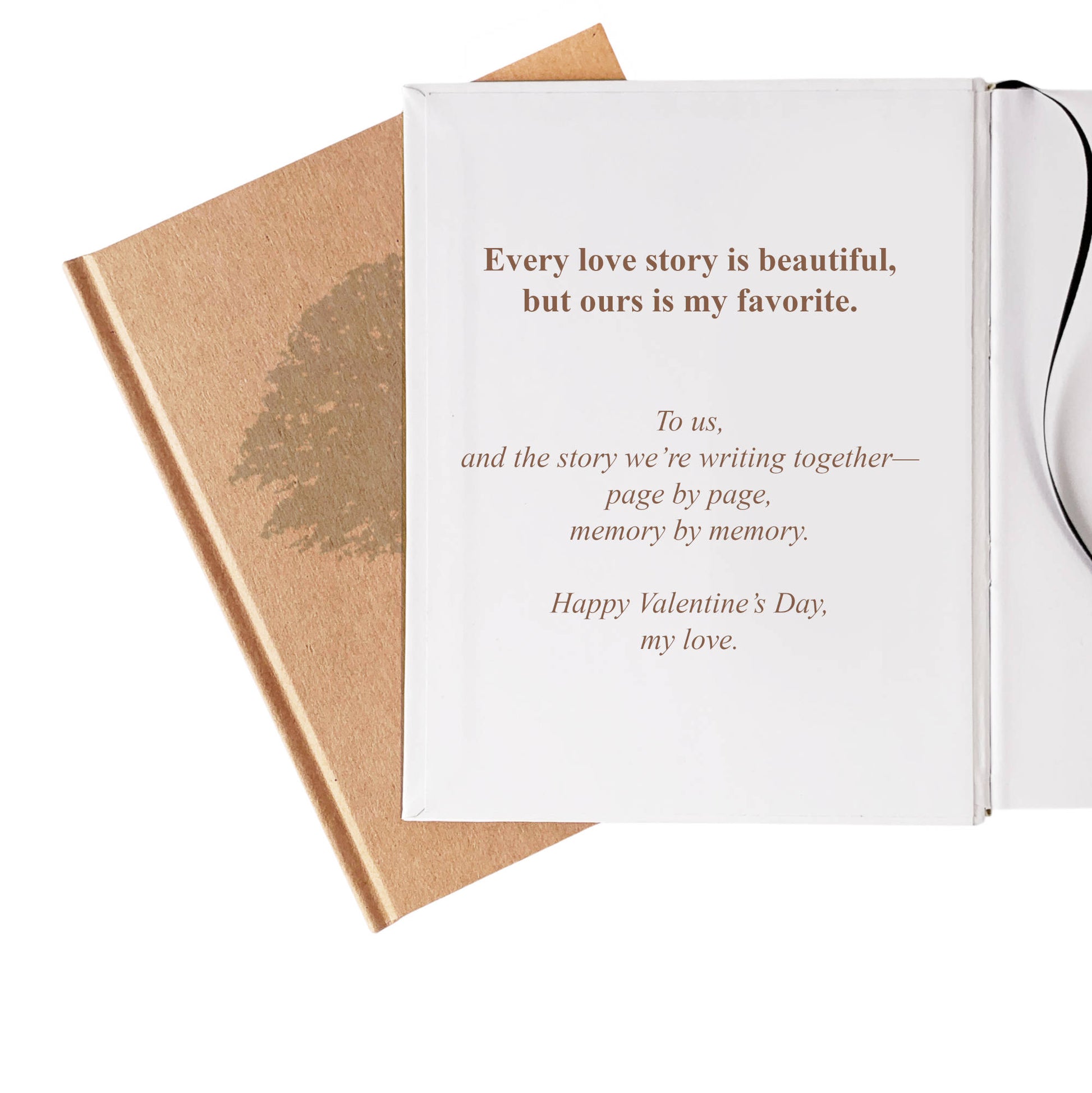 Romantic wedding anniversary message custom printed on the inside front cover of a personalized couples journal.