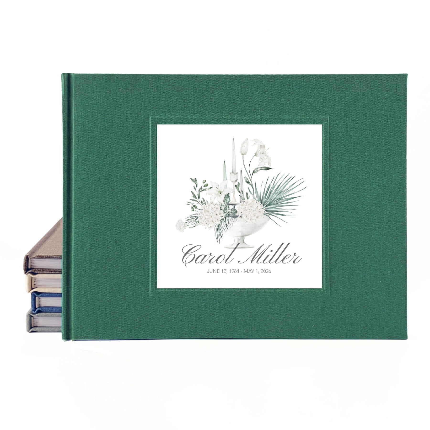 Custom green linen celebration of life guest book with white floral bouquet design and custom name and dates on the cover.