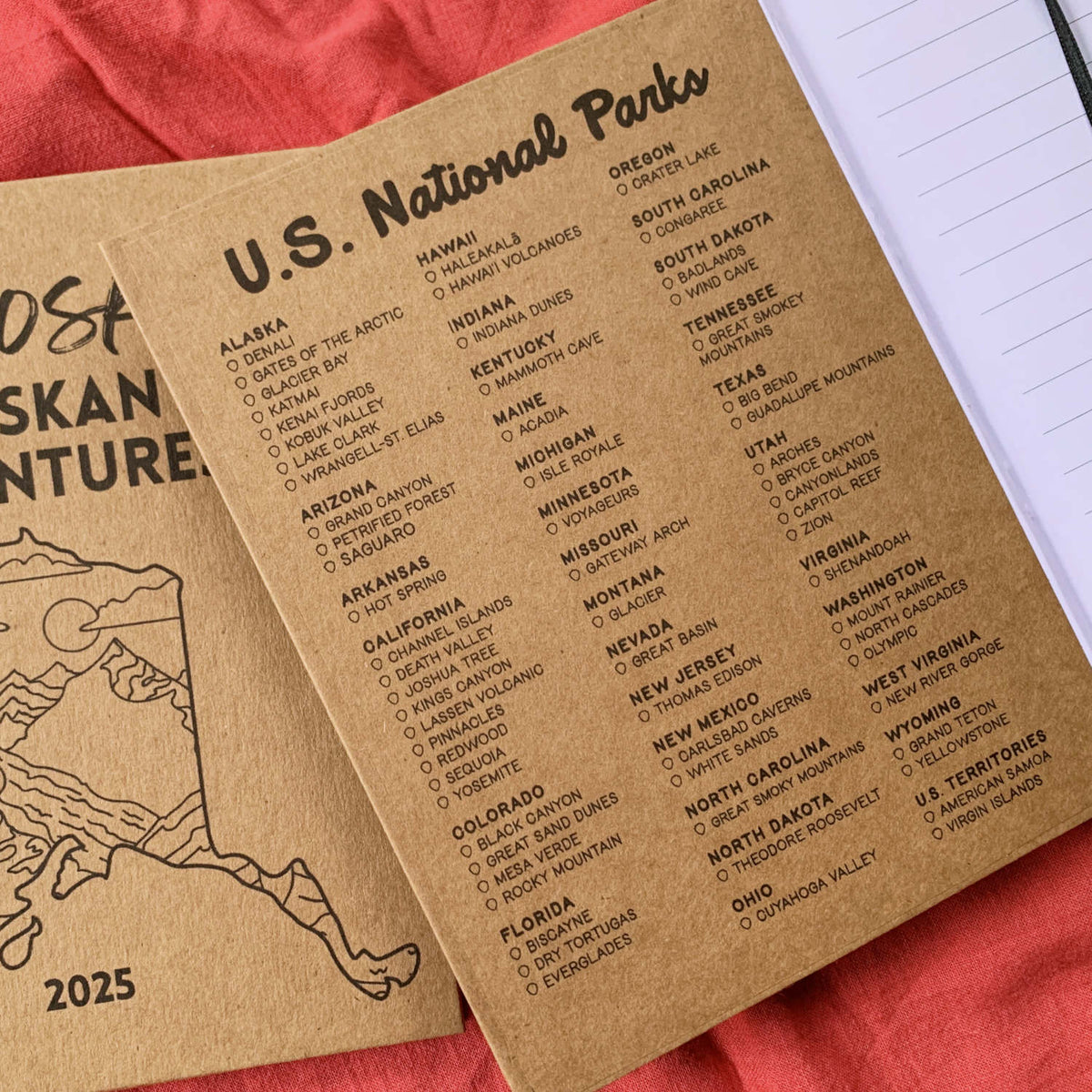 national parks checklist on the inside front cover of a handbound personalized travel journal