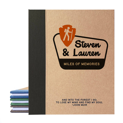National parks scrapbook with personalized cover of national parks sign with names and favorite john muir quote. Hardback, heirloom quality, removable pages for passport stamps, park maps.