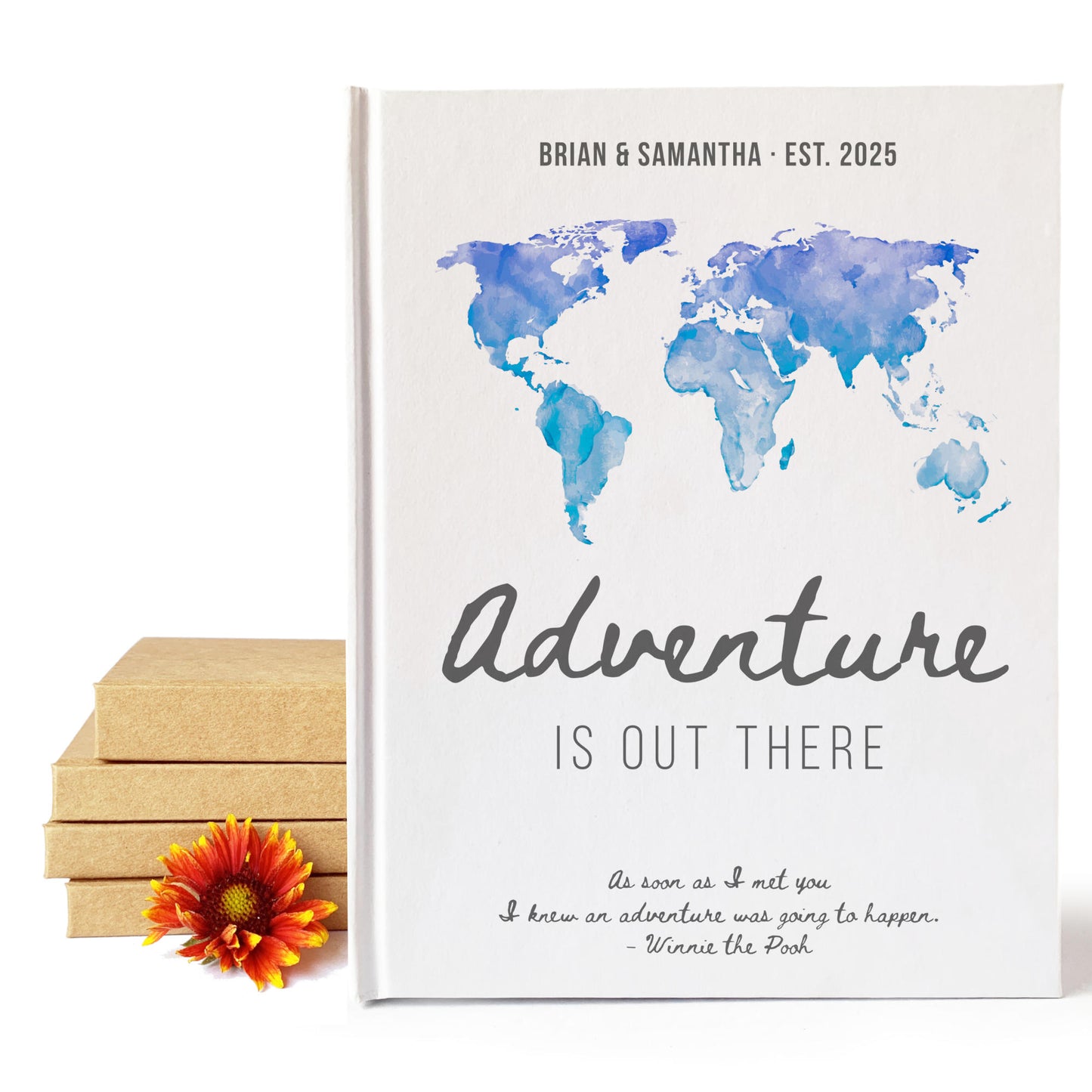 Couple's travel journal entitles adventure is out there. Ideal paper anniversary gift for adventurous couple. Cover is personalized.