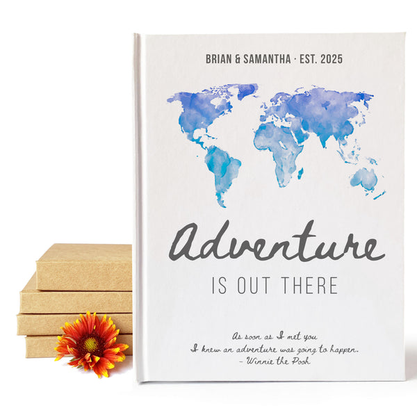 Couple's travel journal entitles adventure is out there. Ideal paper anniversary gift for adventurous couple. Cover is personalized.