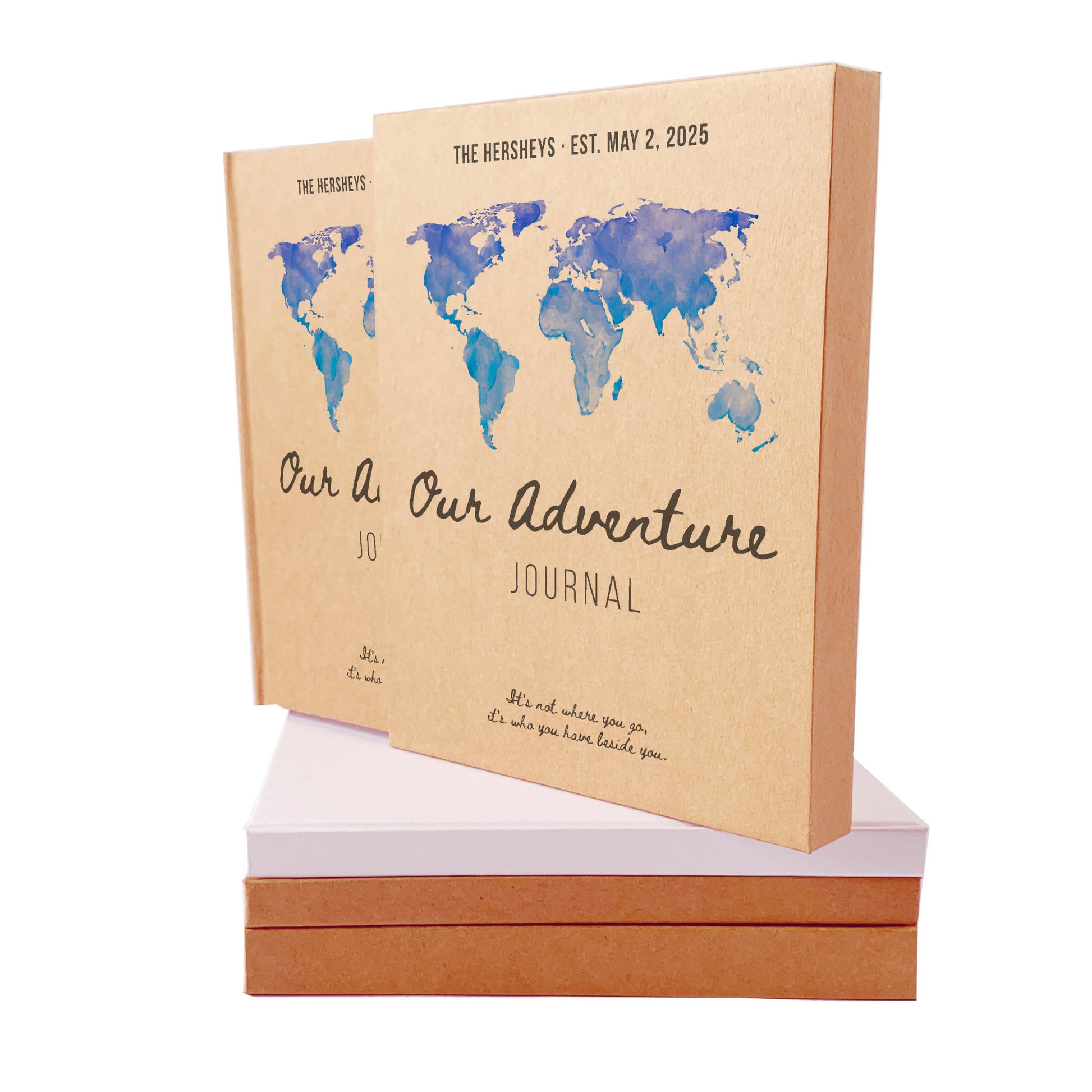 Our adventure journal is the perfect paper anniversary gift for the traveling couple. Personalized text on cover.