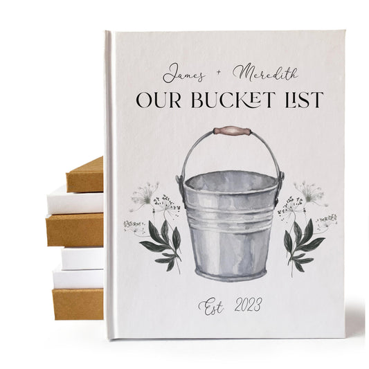 Bucket list book with personalized text on cover. Handbound, heirloom quality. Unique anniversary gift for couple.