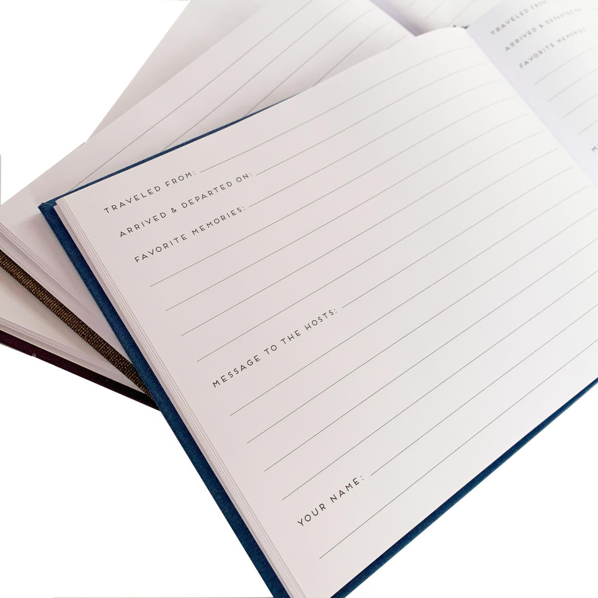 Various page options for customizable guest books designed for homes. Blank pages, lined pages, pages with prompts for house guests.