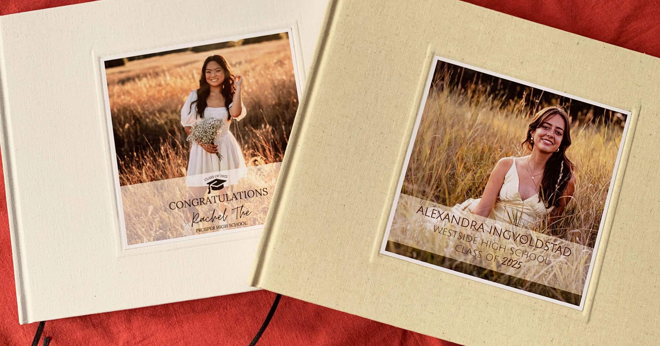 Personalized graduation party guest books with graduation photo on the cover.