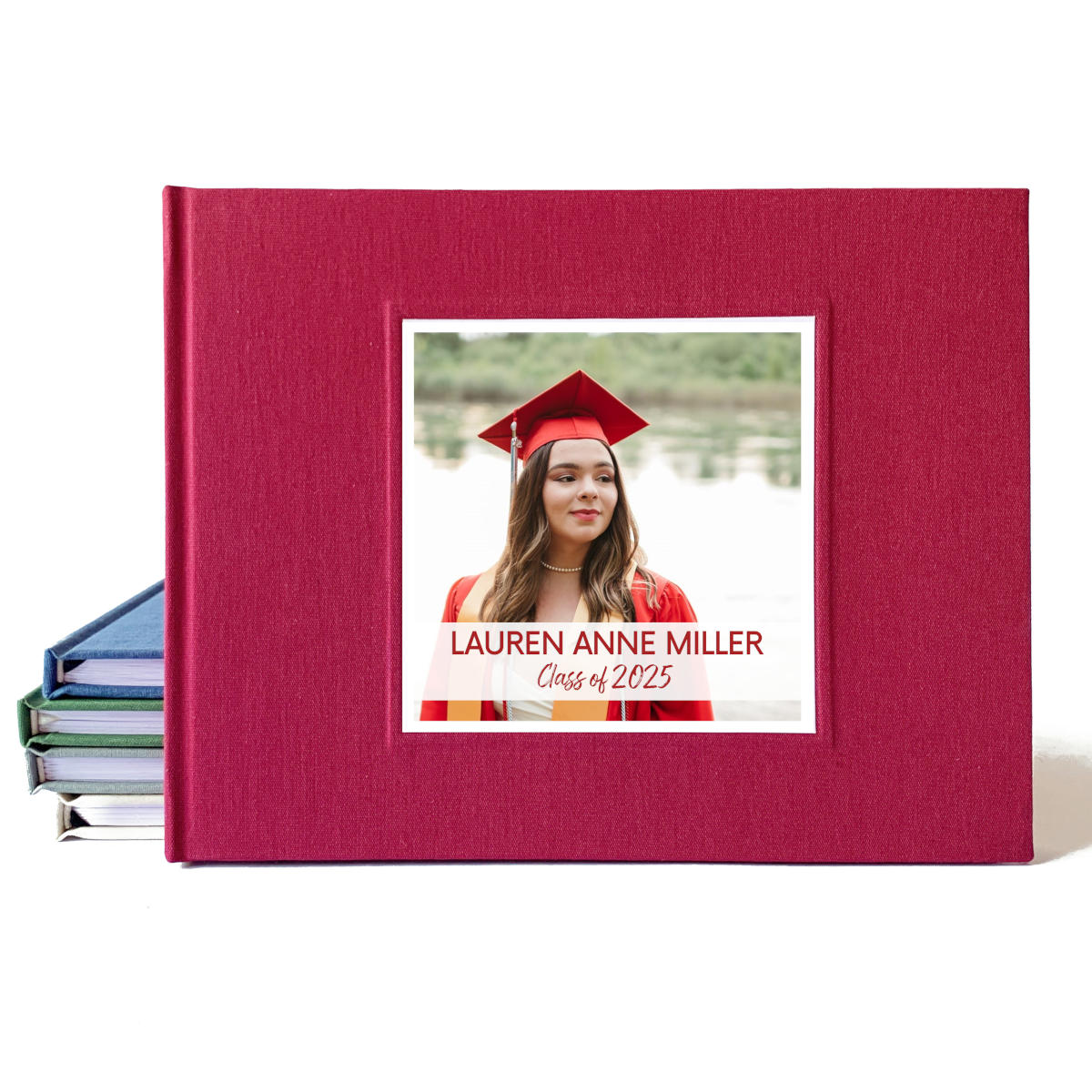 Personalized graduation guest book with senior photo on cover.