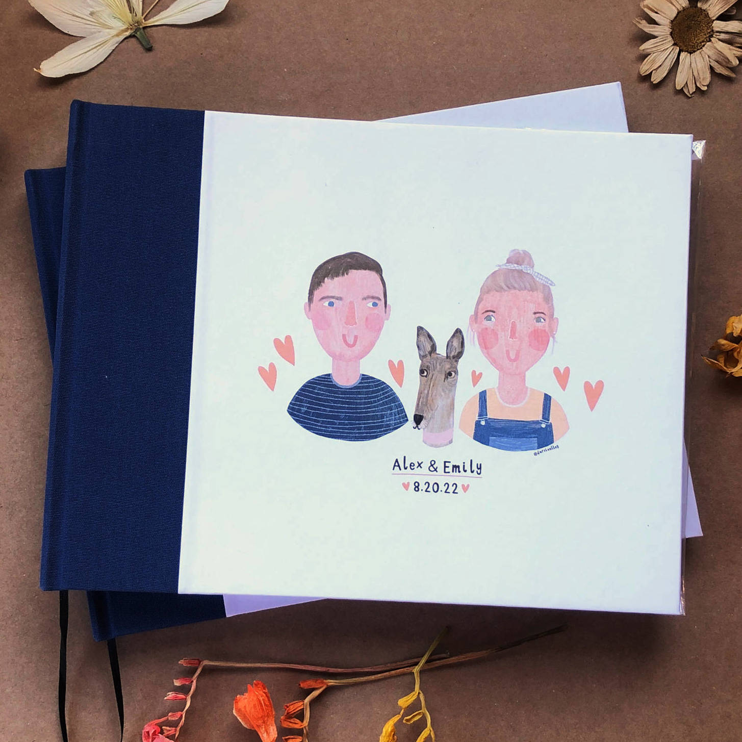 Personalized wedding guest book with watercolor couple's portrait on the cover. Hardback, made to order, navy blue linen and cream cover. 