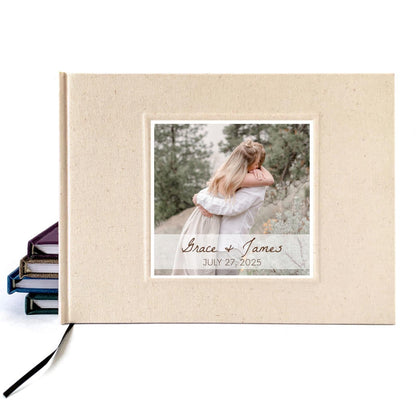 Personalized wedding guest book with couple’s photo on cover, custom hardcover keepsake, perfect for weddings and special events.