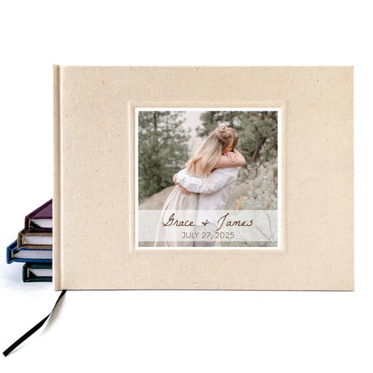 Personalized wedding guest book with couple’s photo on cover, custom hardcover keepsake, perfect for weddings and special events.