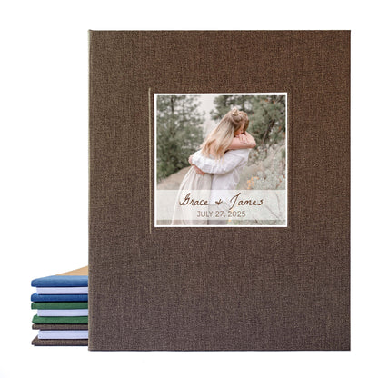 Rustic brown full linen canvas photo guest book for wedding with removable pages and the couple's engagement photo on the cover. Their  names are also on the cover. Heirloom quality.
