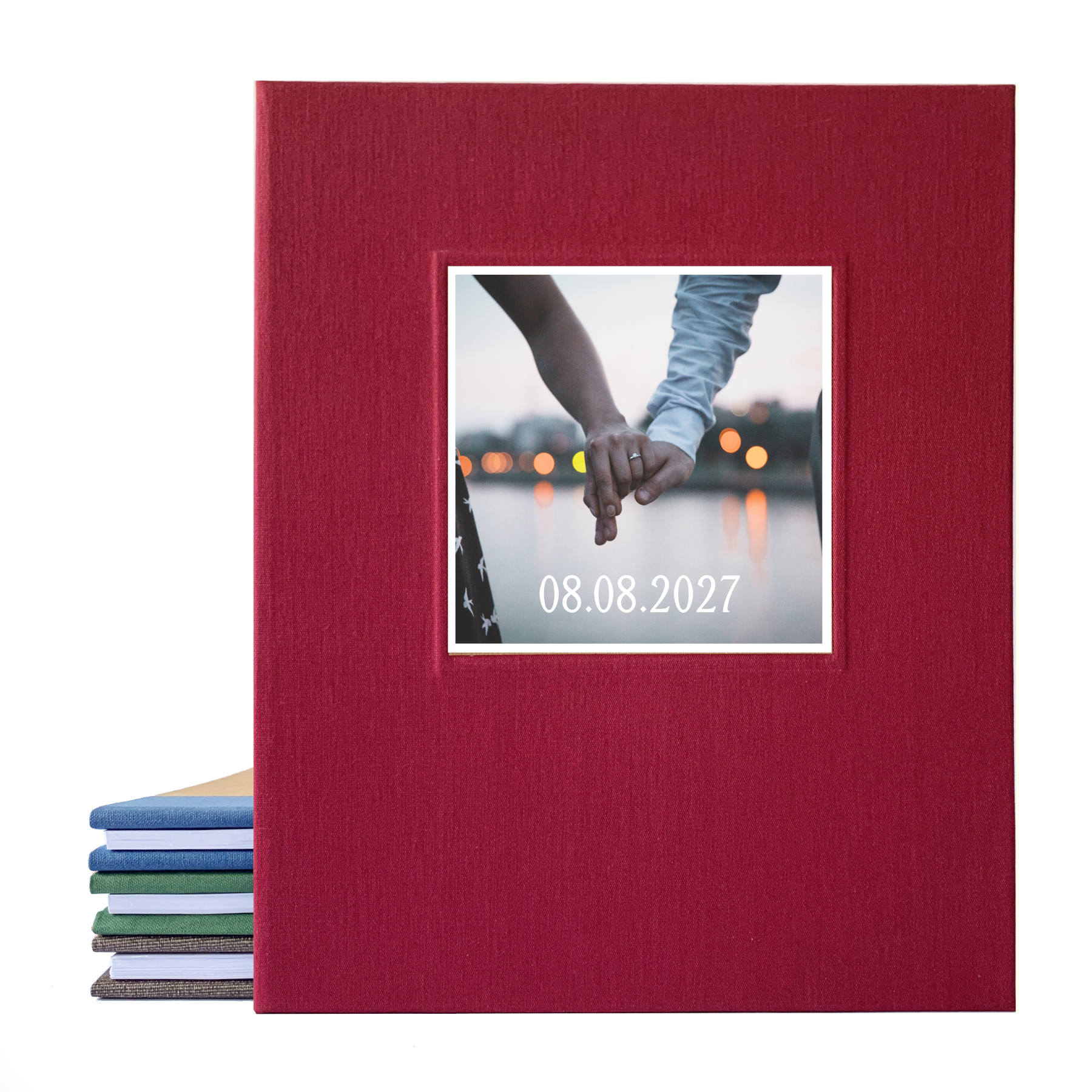 Burgundy linen photo guest book for wedding with custom text and an engagement photo on the cover.