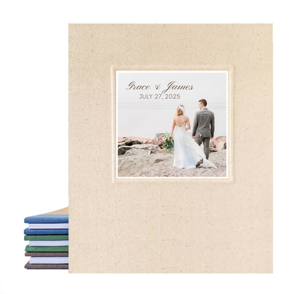 Cream linen photo guest book for wedding with removable pages. Ideal for guests to stick photos and special messages. Engagement photo and custom text on the cover. Heirloom quality keepsake.