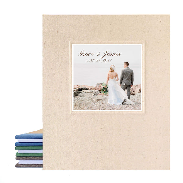 Cream linen photo guest book for wedding with removable pages. Ideal for guests to stick photos and special messages. Engagement photo and custom text on the cover. Heirloom quality keepsake.