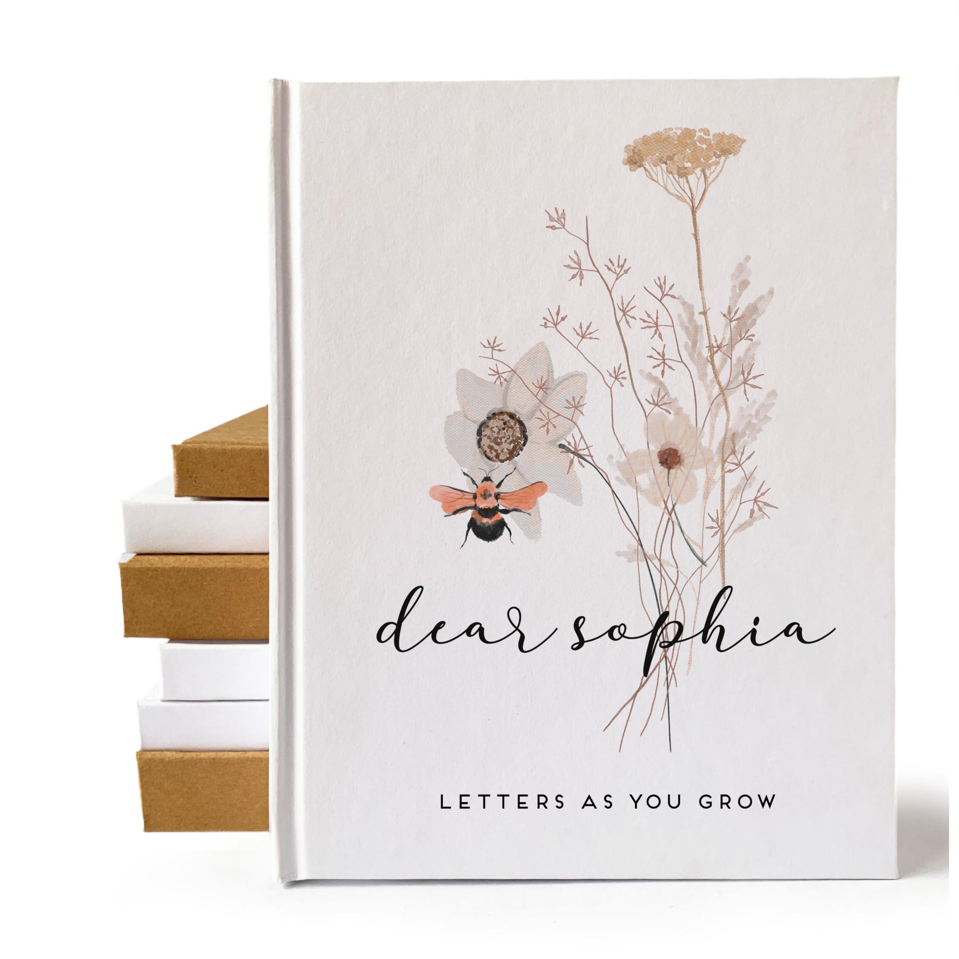 White pregnancy planner. Hard back, hand bound. The cover is personalized with the baby's name and a bouquet of wildflowers.