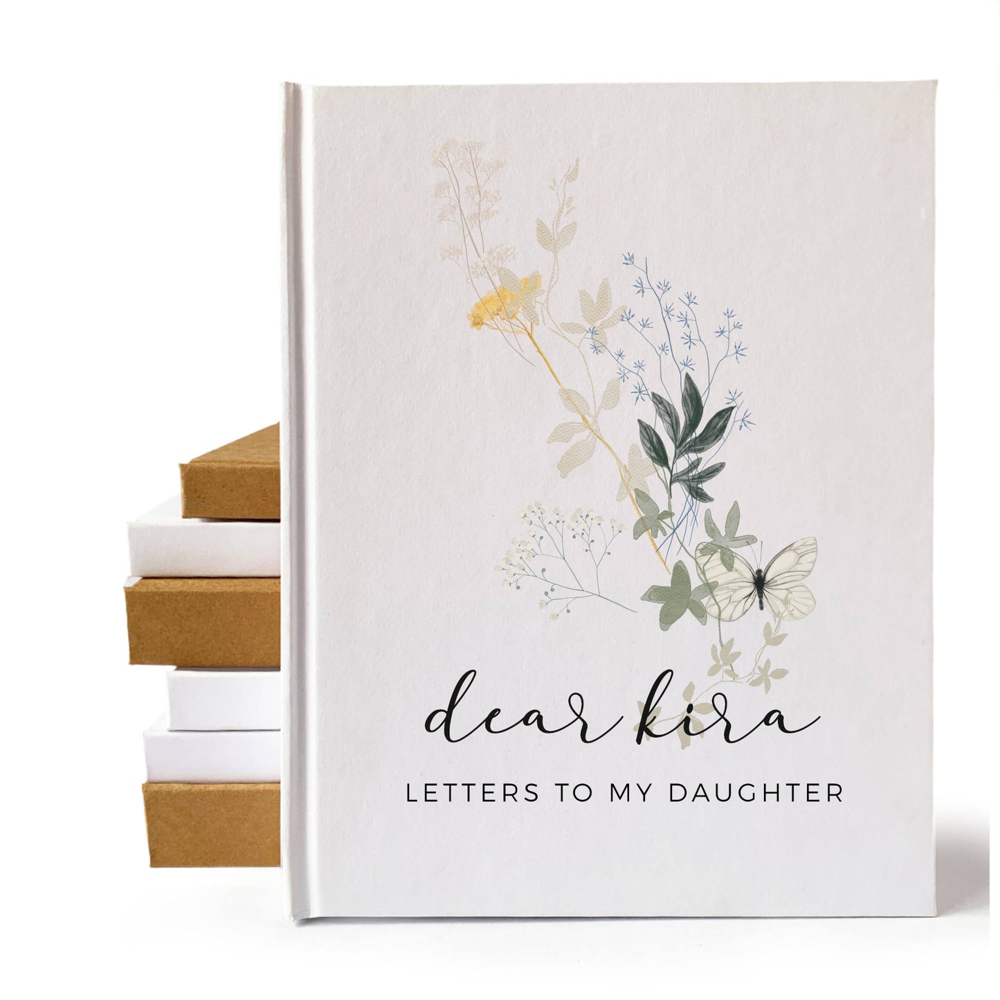 Personalized pregnancy journal for new mom with a white hard back cover, custom text, and a wildflower design.