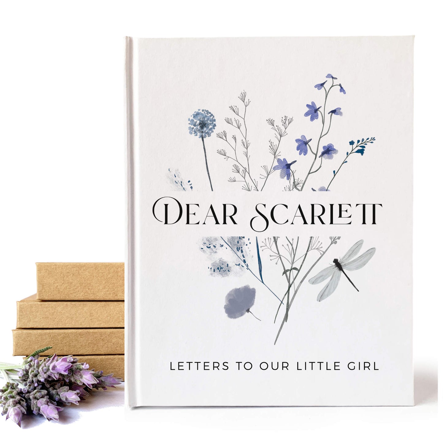 Personalized pregnancy journal with custom text and blue wildflower design on white hardback cover. Made to order new mom gift.