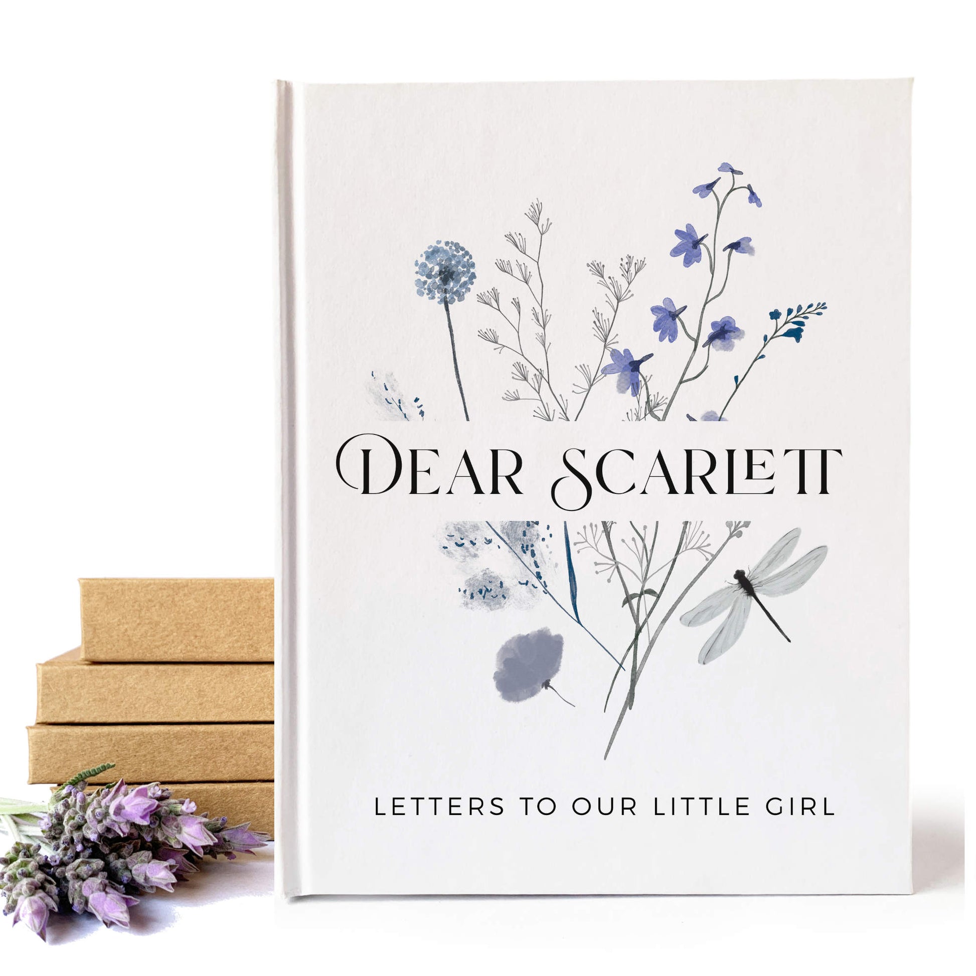 Personalized pregnancy journal with custom text and blue wildflower design on white hardback cover. Made to order new mom gift.