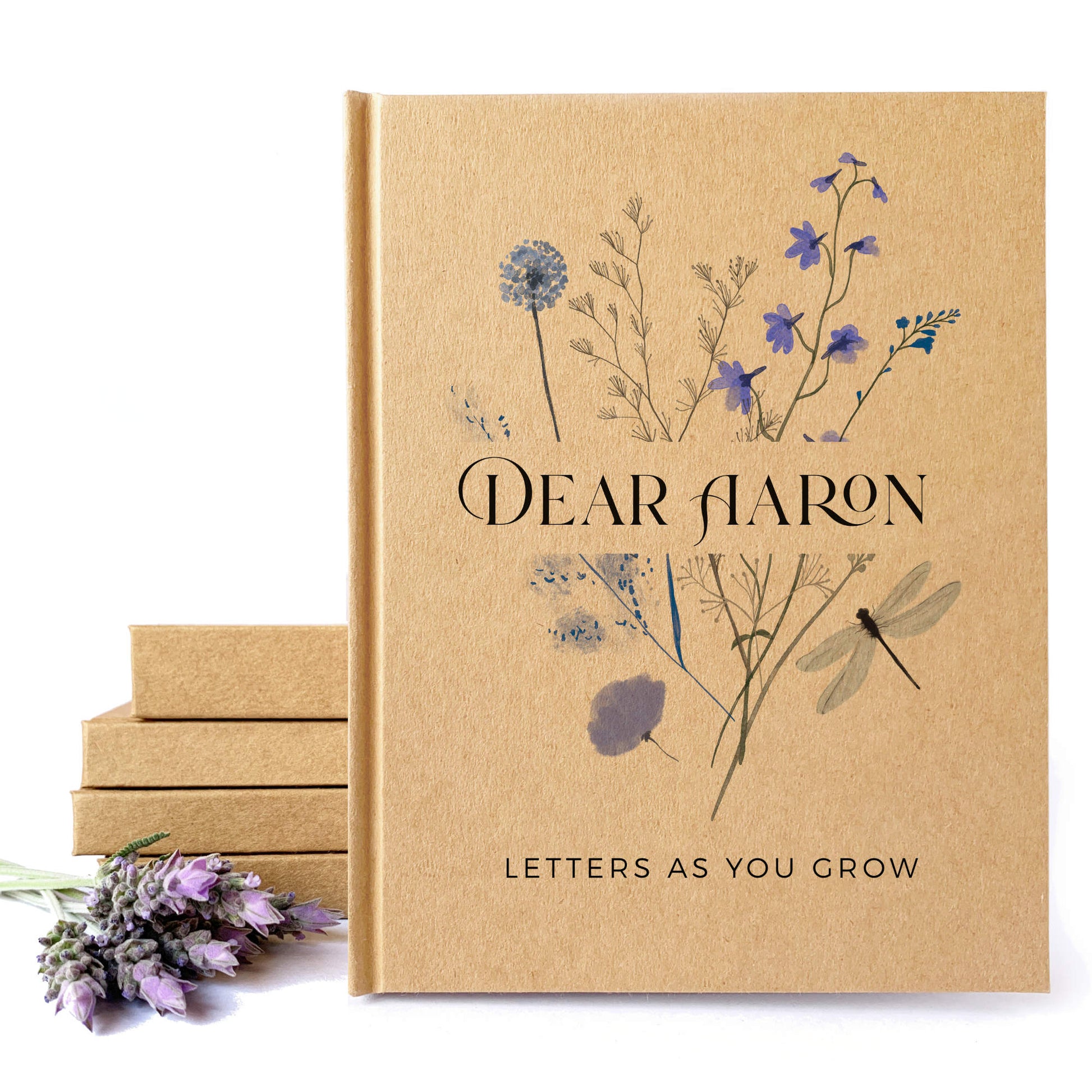 Handbound pregnancy journal with blue wildflower design. Hardback, personalized text. Letters as you grow.
