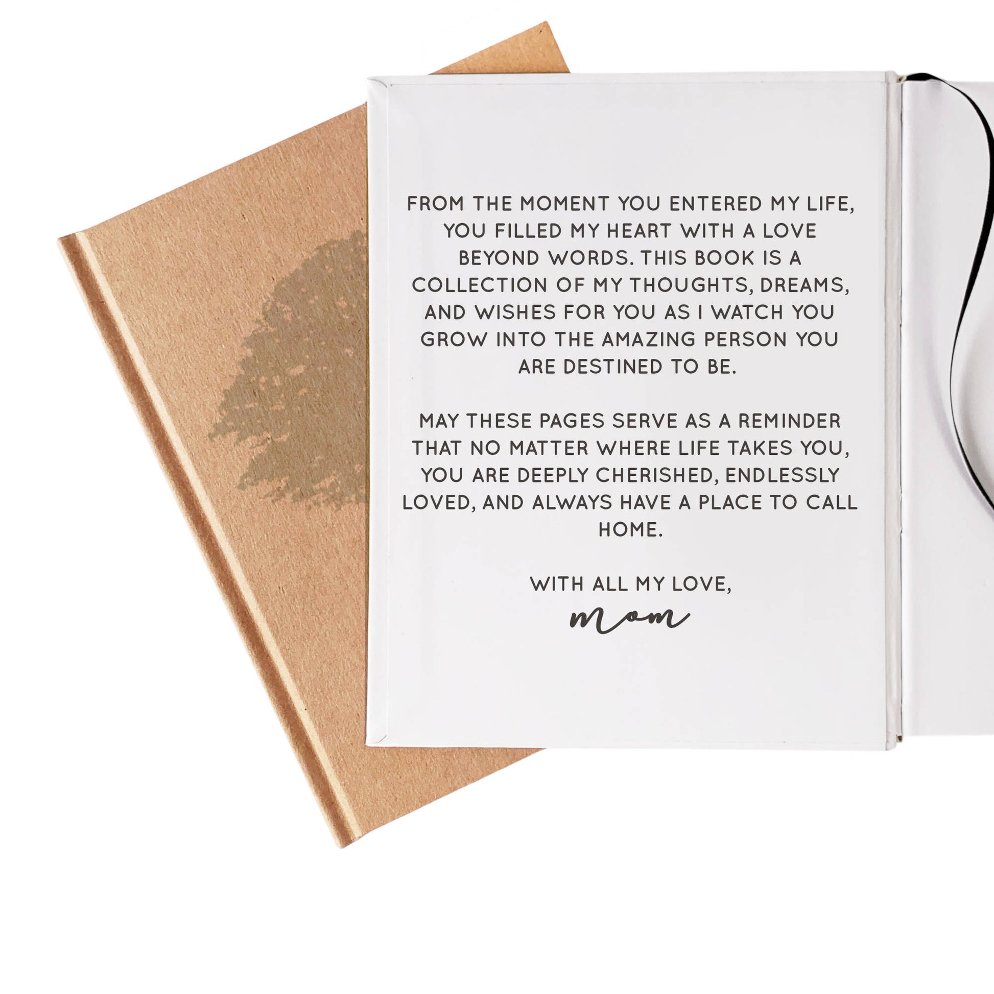 Pregnancy planner open with a very meaningful custom dedication printed on the inside front cover fro the mother to her child.