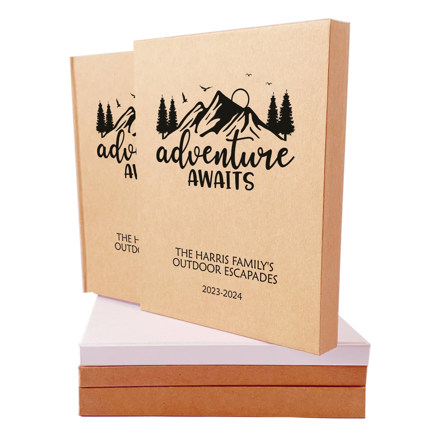 Personalized retirement journal with "Adventure Awaits" artwork, in a matching book slip case on a white background.