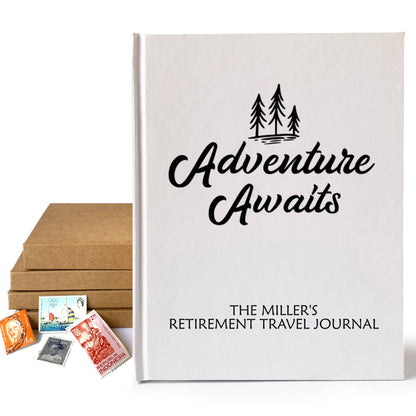White retirement travel journal with "Adventure Awaits" cover art and personalized text. Stamps and stack of books behind, on a white background.