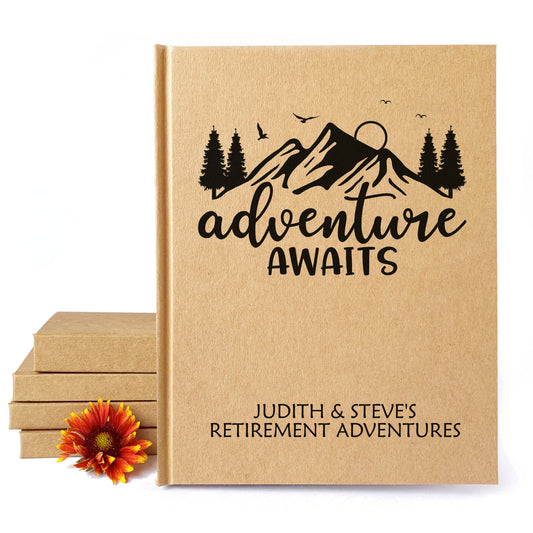 Personalized retirement journal with "Adventure Awaits" cover art.