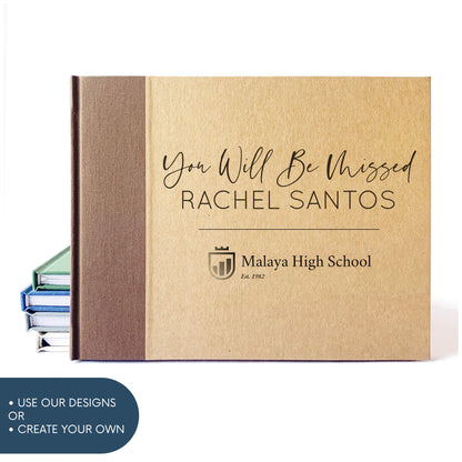 Personalized retirement guest book with brown linen spine canvas. Hardback with personalized logo cover design with custom names and date. 