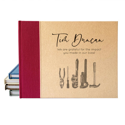 Personalized retirement guest book with burgundy linen spine canvas. Hardback with personalized tool artwork cover design with custom names and date. 