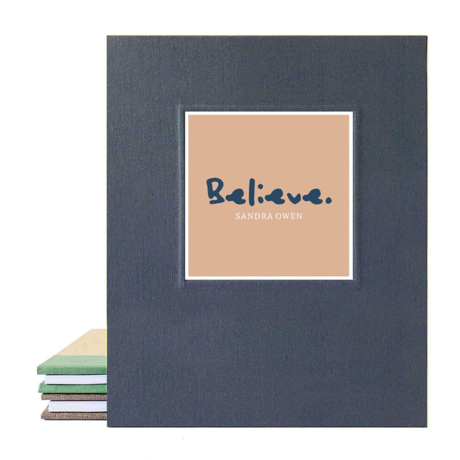 Gray linen screw post album binder with a professional logo on the cover. Handcrafted, uses brass screwposts.