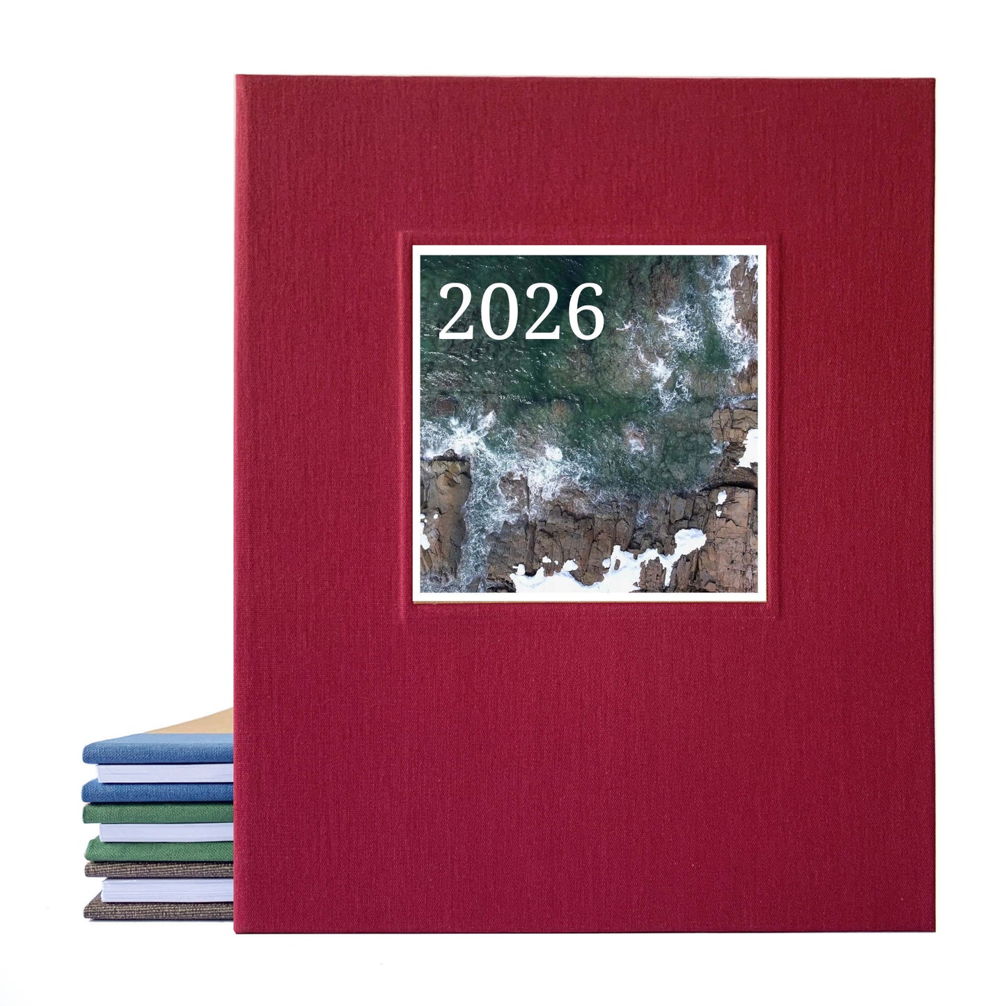 Burgundy linen screw post album used as a 2026 photo scrapbook album. Personalized photo on cover. Handcrafted.