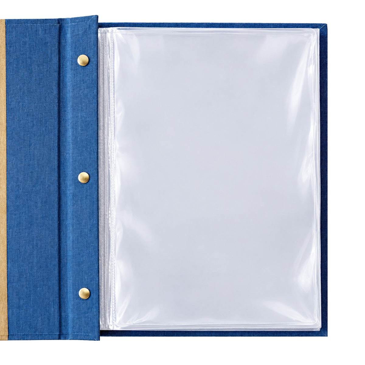 A close-up of a blue fabric binder or portfolio with a clear plastic sleeve attached to the right side, shown against a white background.