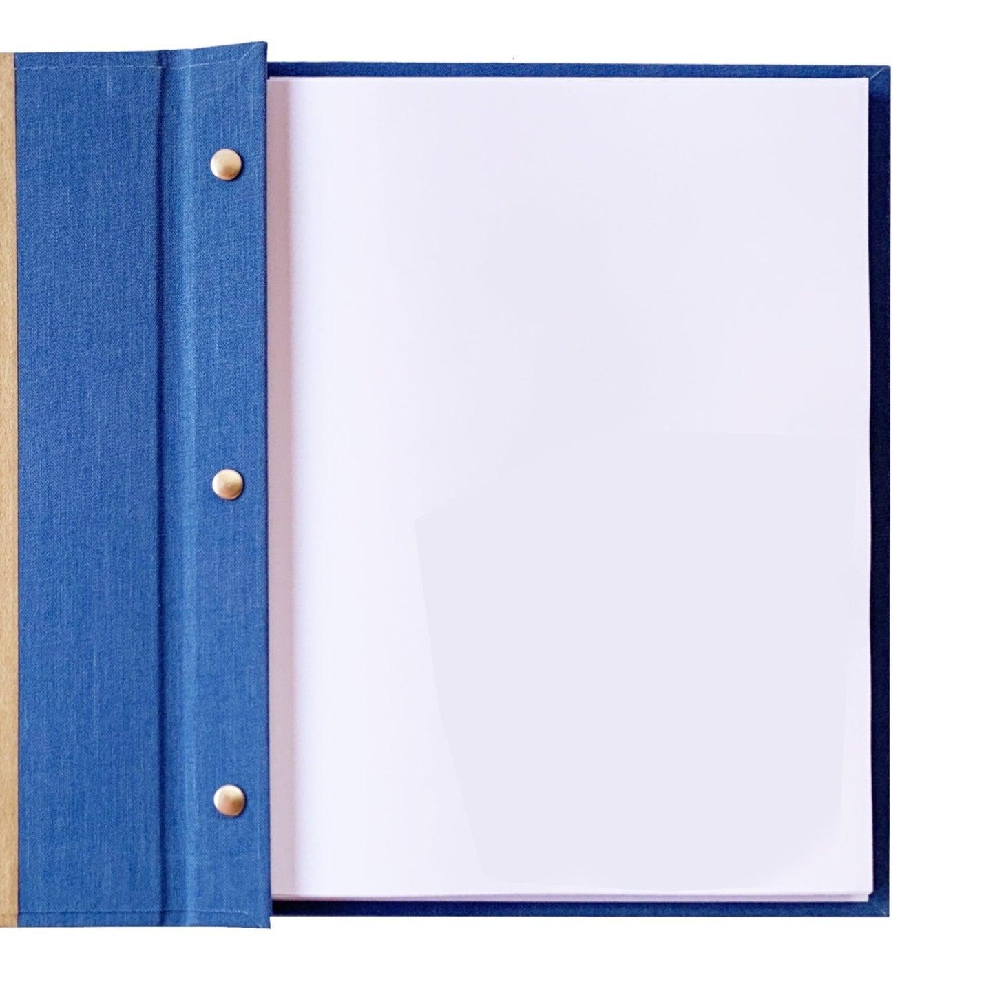 Open screwpost binder with removable pages, showcasing the flexible design and inside front cover.