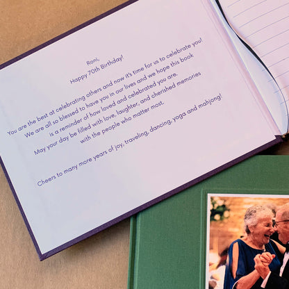 Custom printed dedication on the inside of a  birthday guest book 