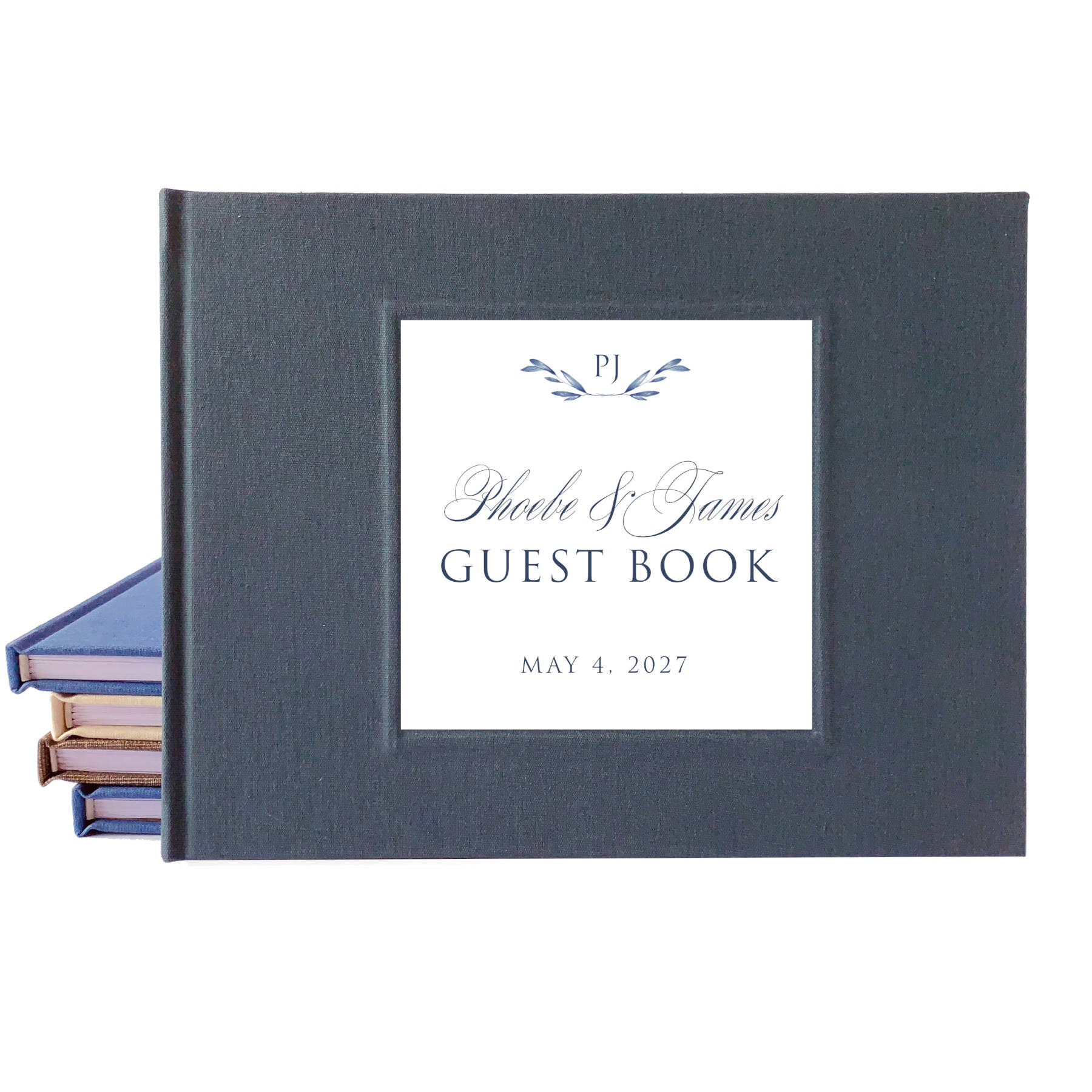 Gray linen guest book with a white inlay displaying the engaged couples name in a script font on a white background
